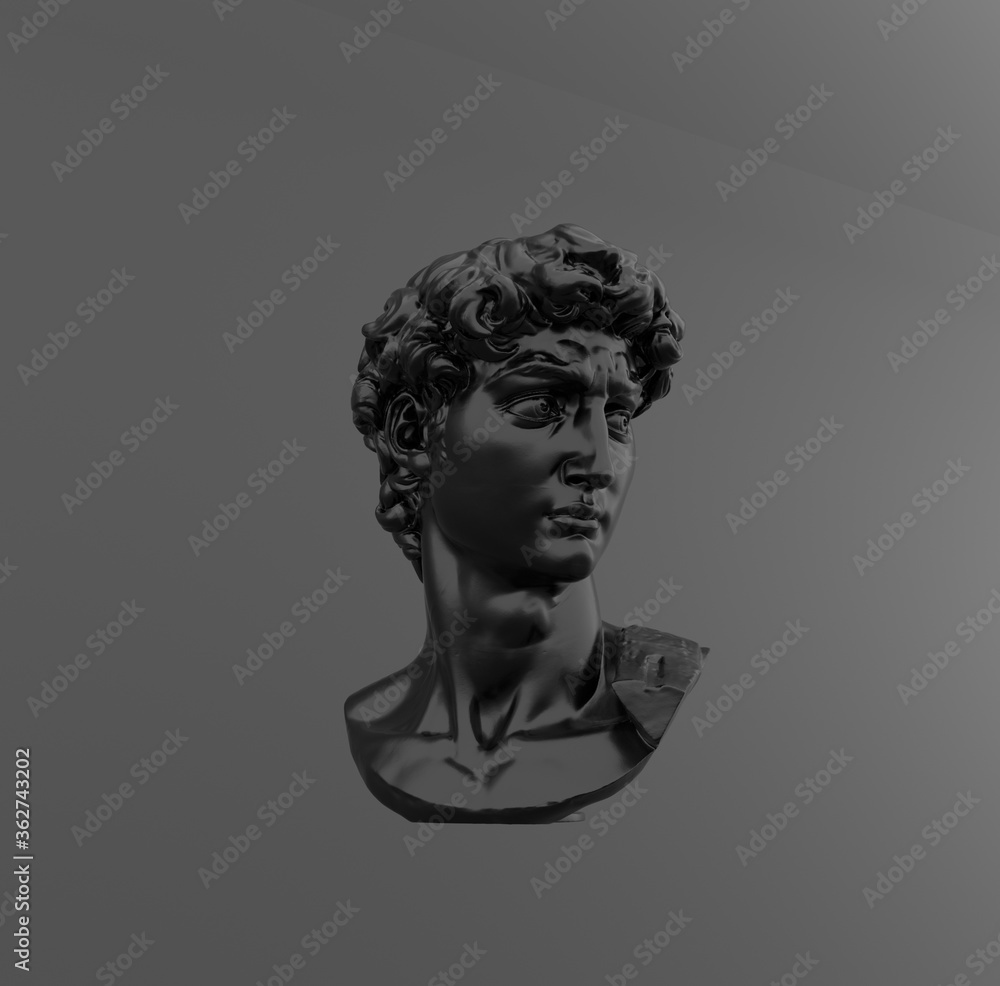 Poster 3d rendering of michelangelo's david head made of black glossy material. scene with sculpture on bla