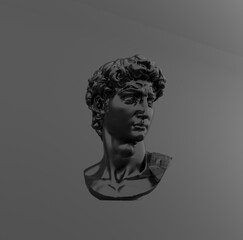 3D rendering of Michelangelo's David head made of black glossy material. Scene with sculpture on black background.