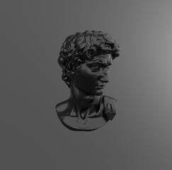 3D rendering of Michelangelo's David head made of black glossy material. Scene with sculpture on black background.