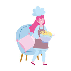 stay at home, female chef with noodle cartoon, cooking quarantine activities