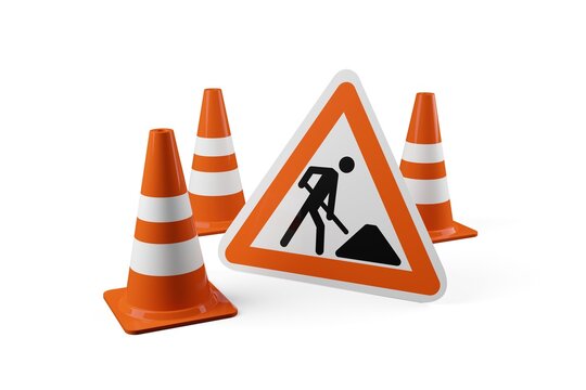 Three orange traffic warning cones or pylons with street or road construction sign on white background - under construction, maintenance or attention concept
