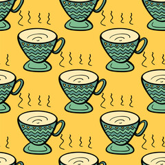 Seamless vector illustration of pastel tribal style Motif art coffee cups on yellow background for making many kinds of printing or textile graphic related Aboriginal, Maya, Inca, African trendy style