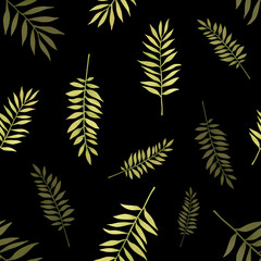 Watercolor hand drawn seamless pattern of green tropical palm leaves on black background. Floral clipart illustration of exotic jungle plants for design wrapping, wallpaper, interior, home textile.