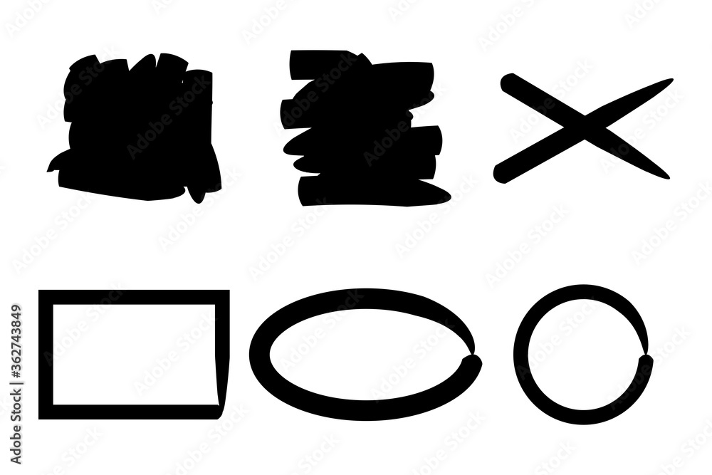 Poster roughly drawn sketches of flat shapes. hand-drawn doodles of different shapes. black texture. vector