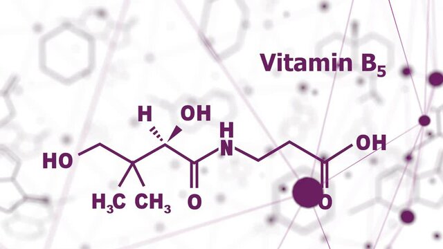Pantothenic acid or vitamin B5 structural chemical formula. Connected lines with dots background.