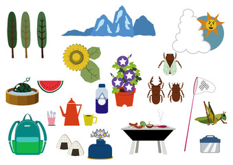 夏の山の素材集。季節のアイコン。