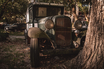 Old dirty, rusty, grungy and full of spider webs model T Ford truck parked beside of a tree on a...
