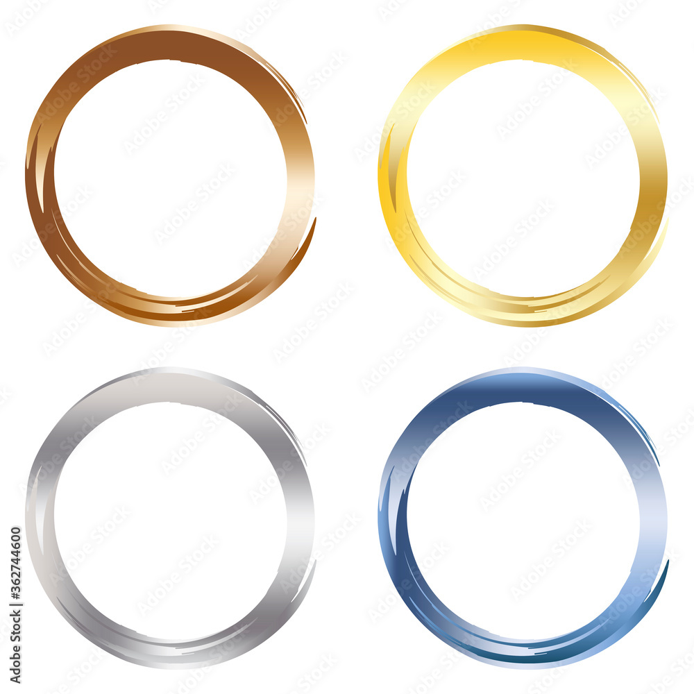 Poster brushed circles. four icons in grunge style. round abstract logos. textured circle pattern. vector i