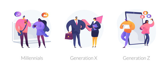 Generational change abstract concept vector illustration set. Millennials, Generation X and Z, digital native, middle age, parents, hyper-connected world, childhood with tablet abstract metaphor.