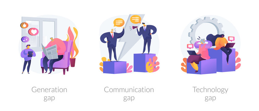 People Diversity Abstract Concept Vector Illustration Set. Generation And Communication Gap, Technology Gap, Society Development, Information Exchange, Digital Divide, Relationship Abstract Metaphor.