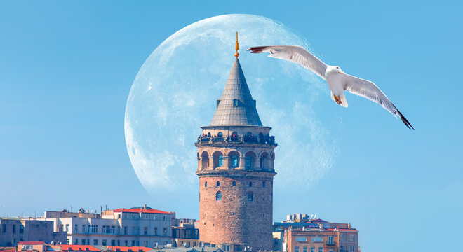 Galata Tower with flying seagull in the background bright blue sky with full moon -  Istanbul, Turkey "Elements of this image furnished by NASA"