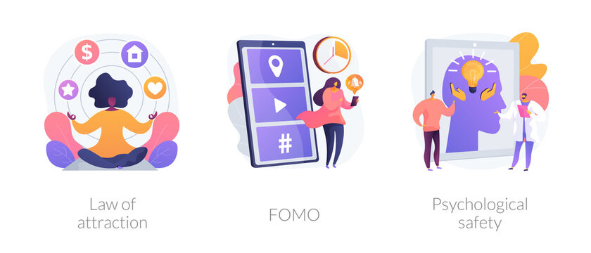 Positive and negative emotions abstract concept vector illustration set. Law of attraction, FOMO, psychological safety, social anxiety, well-being, personal comfort, visualization abstract metaphor.