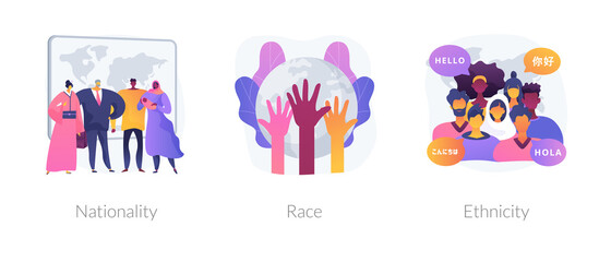 Human diversity abstract concept vector illustration set. Nationality, race and ethnicity, country of birth, passport, social difference, human rights, skin color, genetic code abstract metaphor.