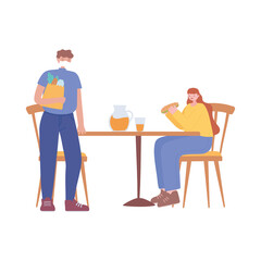 restaurant social distancing, man and woman distance from each other to prevent from disease outbreak, covid 19 pandemic