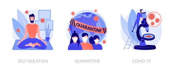 Coronavirus world pandemic abstract concept vector illustration set. Self isolation, quarantine, COVID-19, stay safe at home, social distancing, government strict measures abstract metaphor.