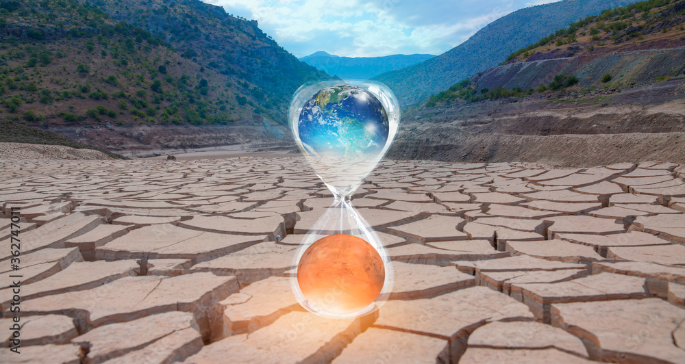 Aufkleber global warming concept-planet earth is becoming a dead planet like mars - hourglass inside planet ea