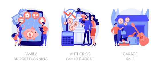 Fototapeta na wymiar Family budget planning abstract concept vector illustration set. Anti-crisis family budget, garage sale, economic decision, family income, budget saving, flea market, second hand abstract metaphor.
