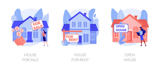 Real estate agent service abstract concept vector illustration set. House for sale and for rent, open house, best deal, booking, residential and commercial property, mortgage broker abstract metaphor.
