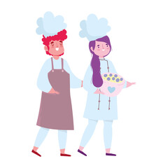 stay at home, female and male chef with bowl cartoon, cooking quarantine activities