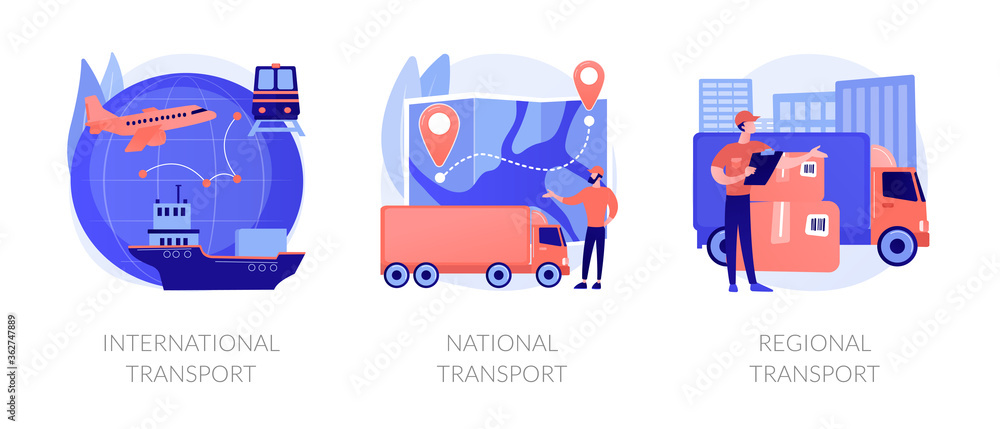 Sticker Worldwide order delivery service. Cargo plane and truck shipment. International transport, national transport, regional transport metaphors. Vector isolated concept metaphor illustrations.