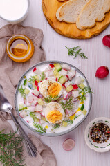 Cold soup with raw vegetables and eggs