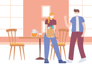 covid 19 coronavirus social distancing prevention, keep distance in public society, people with medical face mask