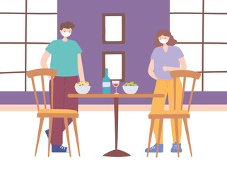 restaurant social distancing, distance to protect people from coronavirus during food, covid 19 pandemic