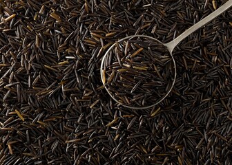Heap of uncooked, raw, black wild rice grains in metal scoop on rice grain background, flat lay top view from above