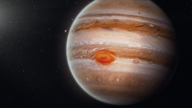 Space view of Jupiter with some moons (Europa, Ganymede, and Calisto).