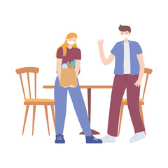 restaurant social distancing, couple with grocery bags and medical masks, covid 19 coronavirus