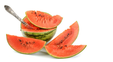 ripe watermelon sliced on a white background close-up, text space