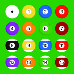 Set of color american billiard balls isolated on green background. Vector illustration. EPS10