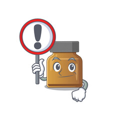 A cartoon icon of bottle vitamin b with a exclamation sign board