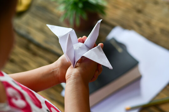 Little Girl Holding A White Origami Bird In Her Hands