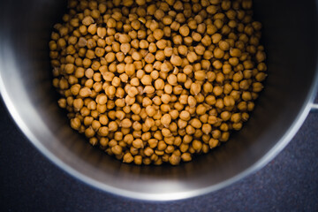 simple food ingredients, pot of fresh chickpeas from top down perspective