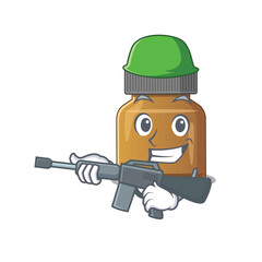 A cartoon picture of Army bottle vitamin b holding machine gun
