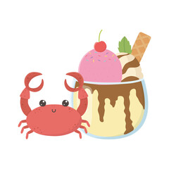 summer travel and vacation ice cream scoops in glass and crab