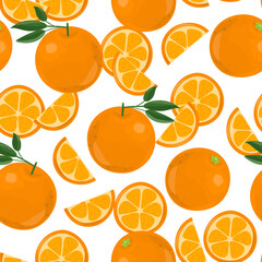 Juicy fresh oranges. Fruit Slices. Summer seamless pattern. Vector illustration isolated on white background.