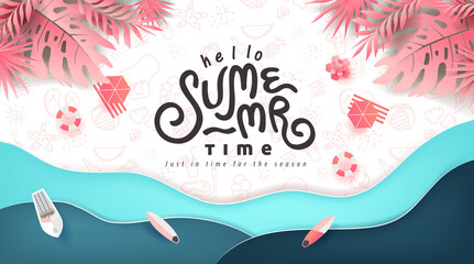 Summer banner design with paper cut tropical beach bright Color background.Paper art concept.