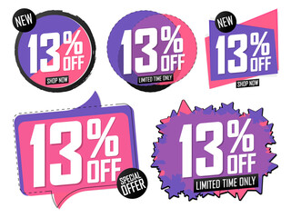 Set Sale 13% off banners, discount tags design template, lowest price, vector illustration