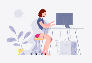 Fototapeta na wymiar Freelance work. A young woman works at home on a computer. Home interior. The concept of self-employment. The character. Vector. Flat cartoon style. Illustration.