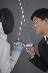 Close-up of two men dueling