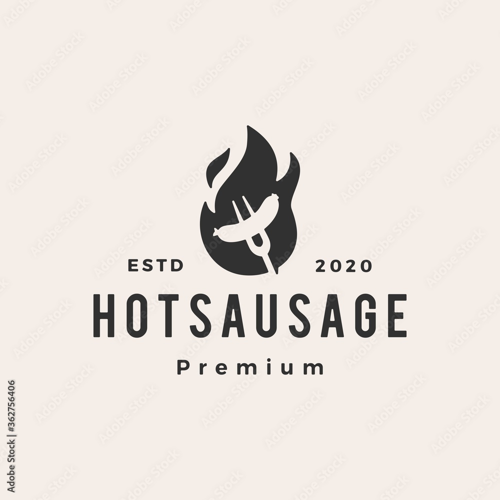 Wall mural hot fire flame sausage hipster vintage logo vector icon illustration