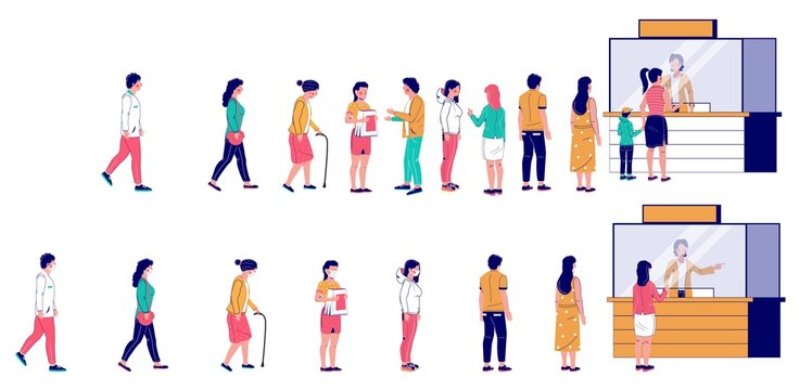 People Waiting In Line At Ticket Box Or Registration Counter, Vector Flat Illustration. Characters Standing Right Behind People In One Line And Keeping Social Distancing, Wearing Face Masks In Other.