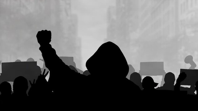 Protesting crowd silhouette on city background. Social picket on urban street. Stand up for racism. Stop national discrimination rally flat BW design. People marching together in political protest