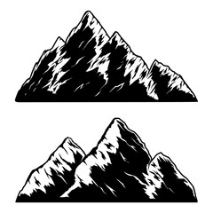 Set of illustrations of mountains in engraving style. Design element for logo, emblem, sign, poster, card, banner. Vector illustration