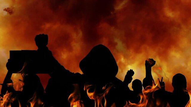 People silhouettes protesting on fire background. Protest and strike, demonstration and revolution concept. Social unrest against discrimination. People fight for right. Concept anti racism revolution