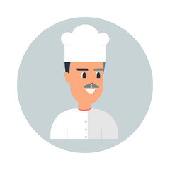 Chef dibujos animados. Personaje hombre con bigotes cocinando, traje o vestimenta para cocinar, comida concepto gourmet para restaurante
