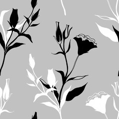 Floral seamless pattern with black and white eustomia flowers. Nature vector illustration on grey background.