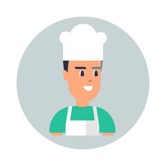 Cocinero feliz con gorro de cocina y mandil. Ilustración de personaje cocinando para un restaurante. Estilo dibujos animados plano vector 